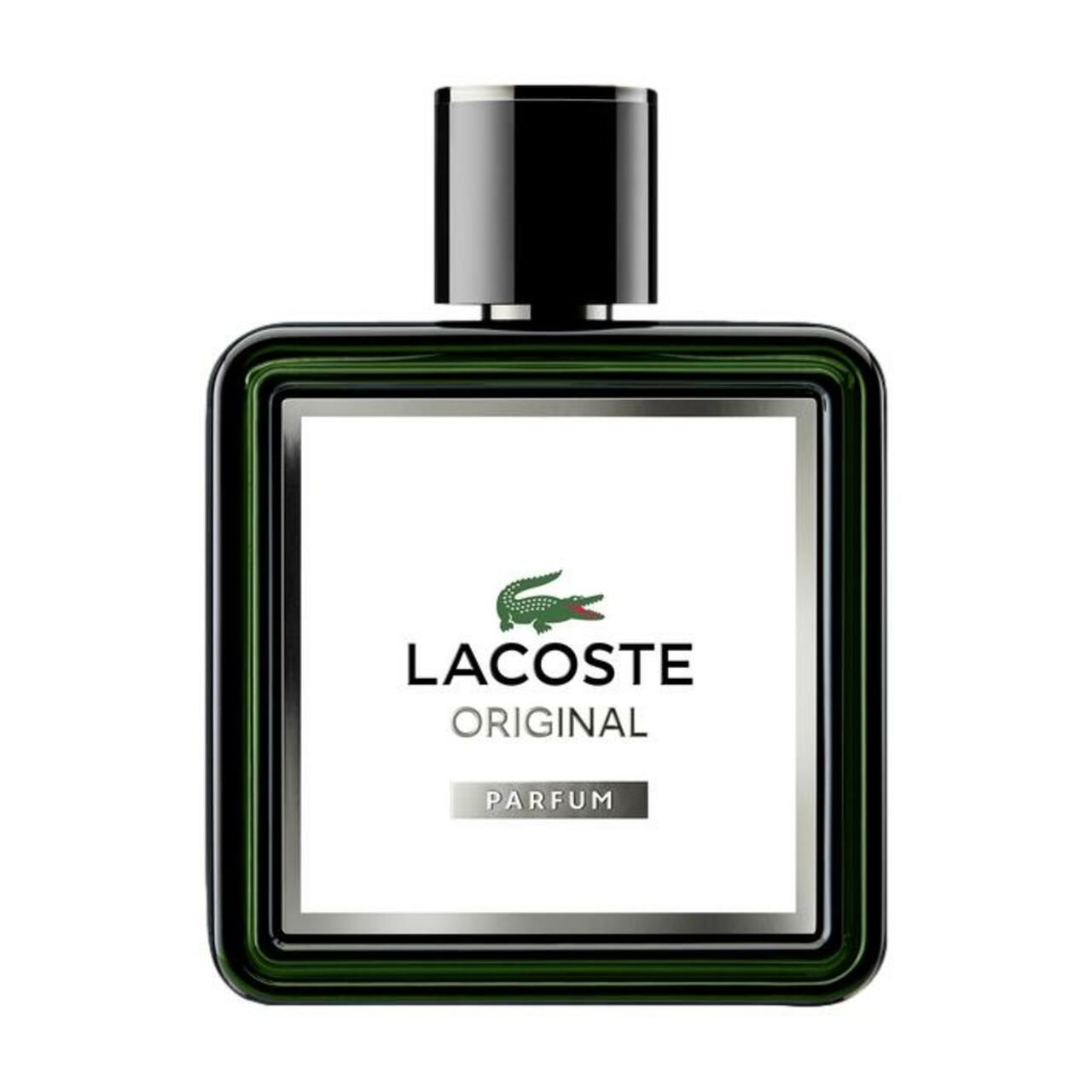 Schwarzer Flakon von LACOSTE Original Parfum. Quadratische Form mit grünem Rahmen und weißem Etikett. Krokodil-Logo und Schriftzug.