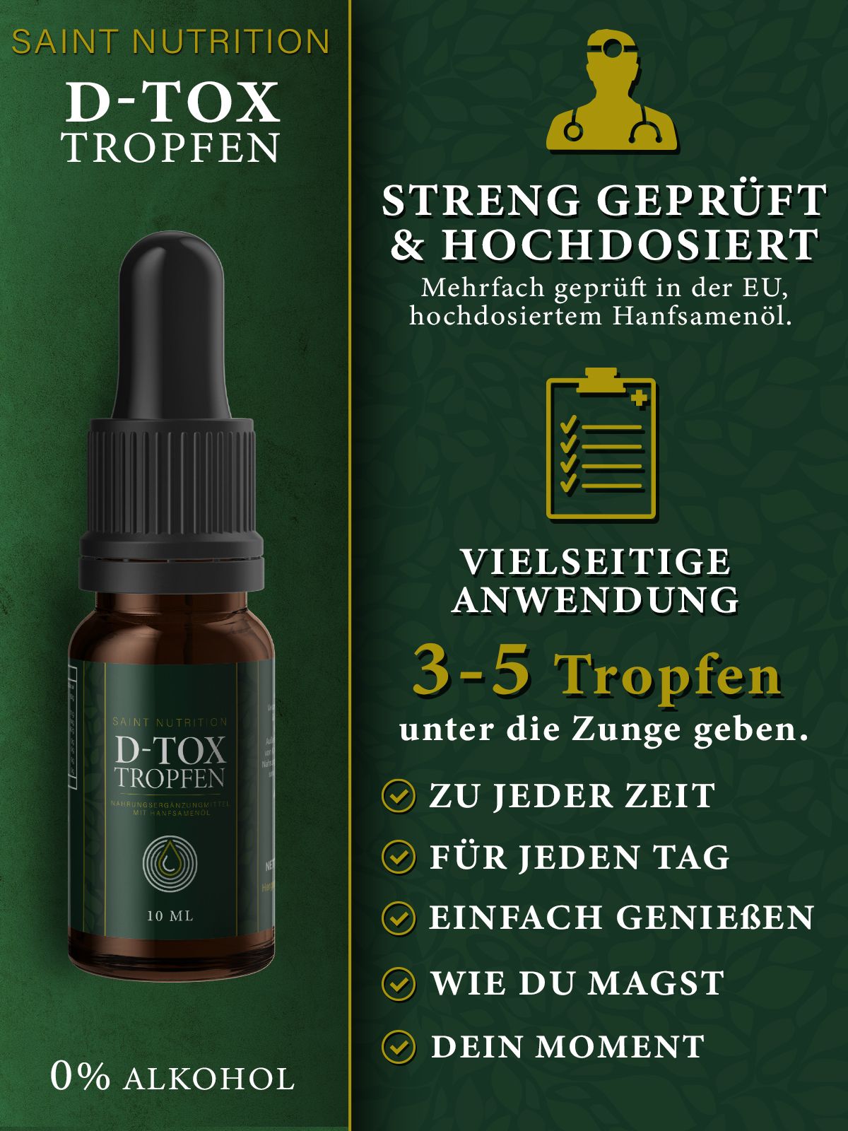 Produktflasche mit grüner Infografik. Text: Streng geprüft & hochdosiert, vielseitige Anwendung, 3-5 Tropfen unter die Zunge.