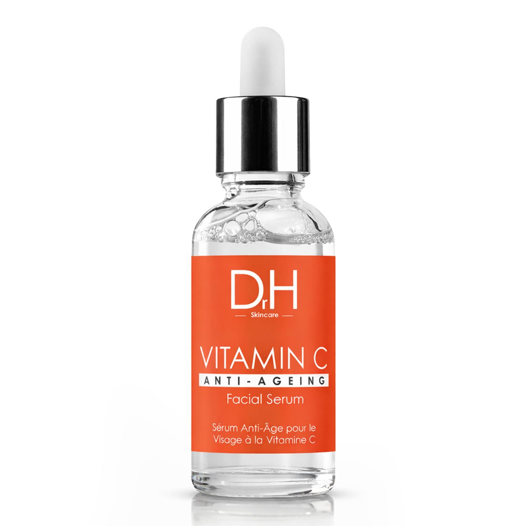 Dr H Anti-Aging Vitamin C Gesichtsserum in Glasflasche mit Pipette.