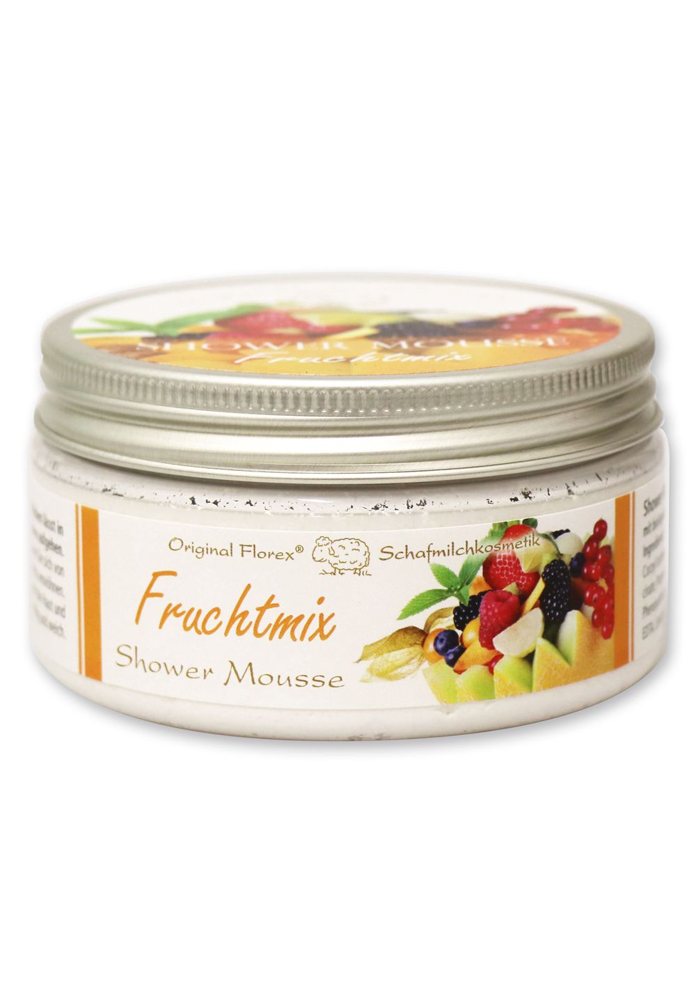 Körper Duschmousse Fruchtmix in einem weißen Tiegel mit silbernem Deckel. Etikett zeigt "Original Florex Schafmilchkosmetik Fruchtmix Shower Mousse" und eine Fruchtmischung.