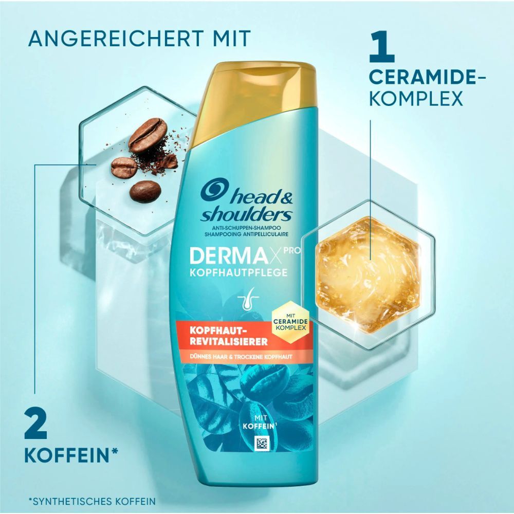 Türkisfarbene Shampoo-Flasche mit goldfarbenem Deckel. Aufschrift: Head & Shoulders Derma X Pro. Mit Koffein und Ceramide-Komplex. Abbildung von Kaffeebohnen.