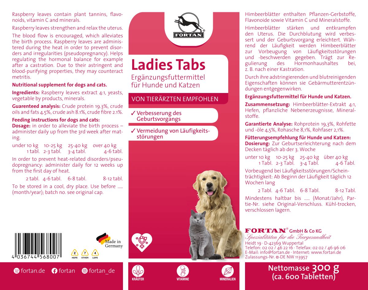 Rückseite der Verpackung. Text: Ladies Tabs. Illustration: Hund und Katze. Text: Ergänzungsfuttermittel für Hunde und Katzen. Text: Von Tierärzten empfohlen.