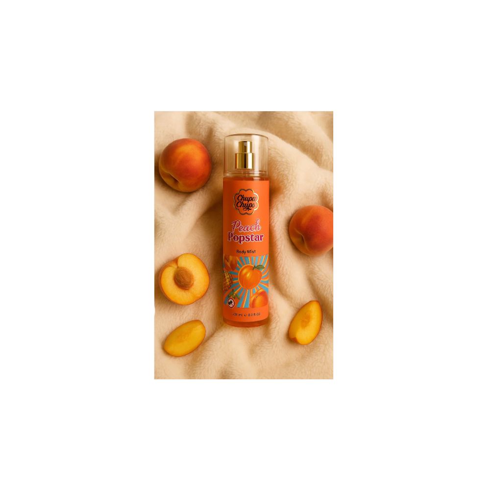 Körpernebel mit Pfirsich-Popstar-Design. Orangefarbene Flasche mit Sprühkopf, umgeben von Pfirsichen.