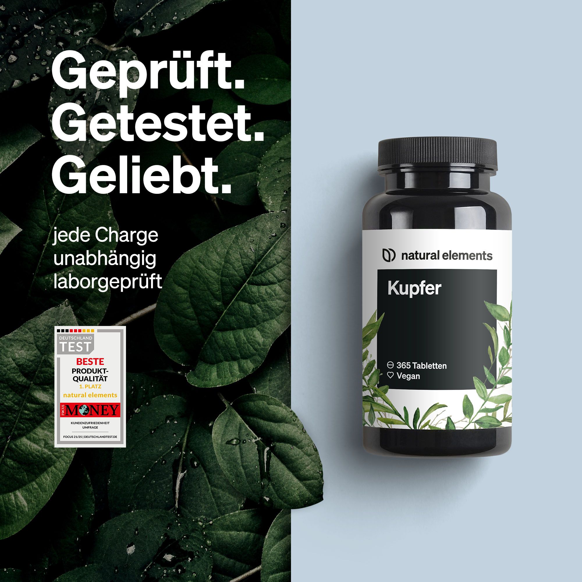 Schwarze Flasche mit weißem Etikett. Aufschrift "Kupfer", "365 Tabletten", "Vegan". Marke: natural elements. Siegel "Beste Produkt-Qualität".