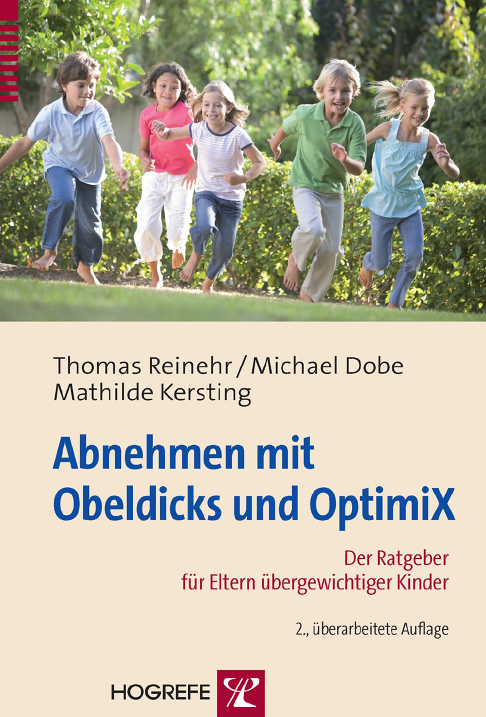 Buchcover mit Titel "Abnehmen mit Obeldicks und Optimix". Autoren: Reinehr, Dobe, Kersting. Kinder laufen im Hintergrund.