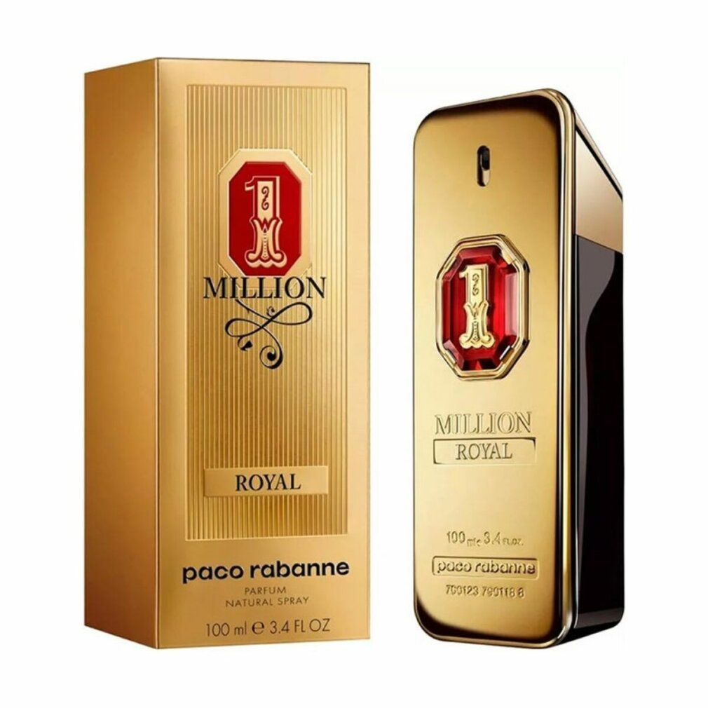 Goldfarbener Flakon und Verpackung. Aufschrift: Million Royal, Paco Rabanne. Schwarzer Hintergrund.