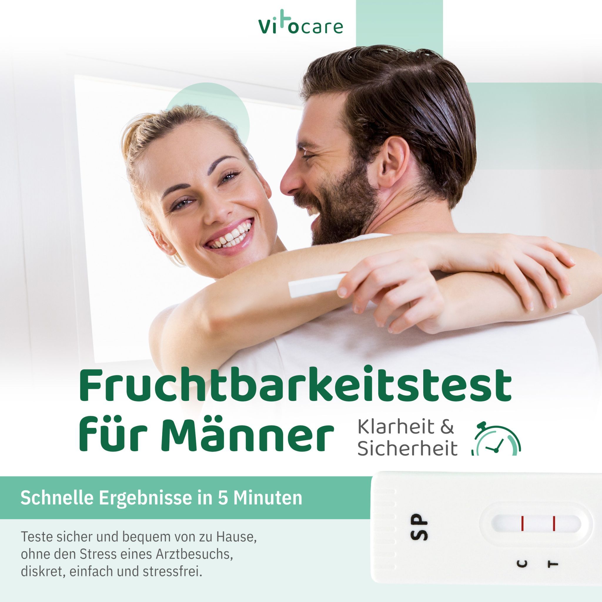 Paar umarmt sich. Text: Fruchtbarkeitstest für Männer. Schnelle Ergebnisse in 5 Minuten. Teststreifen mit Ergebnissen. Klarheit & Sicherheit.
