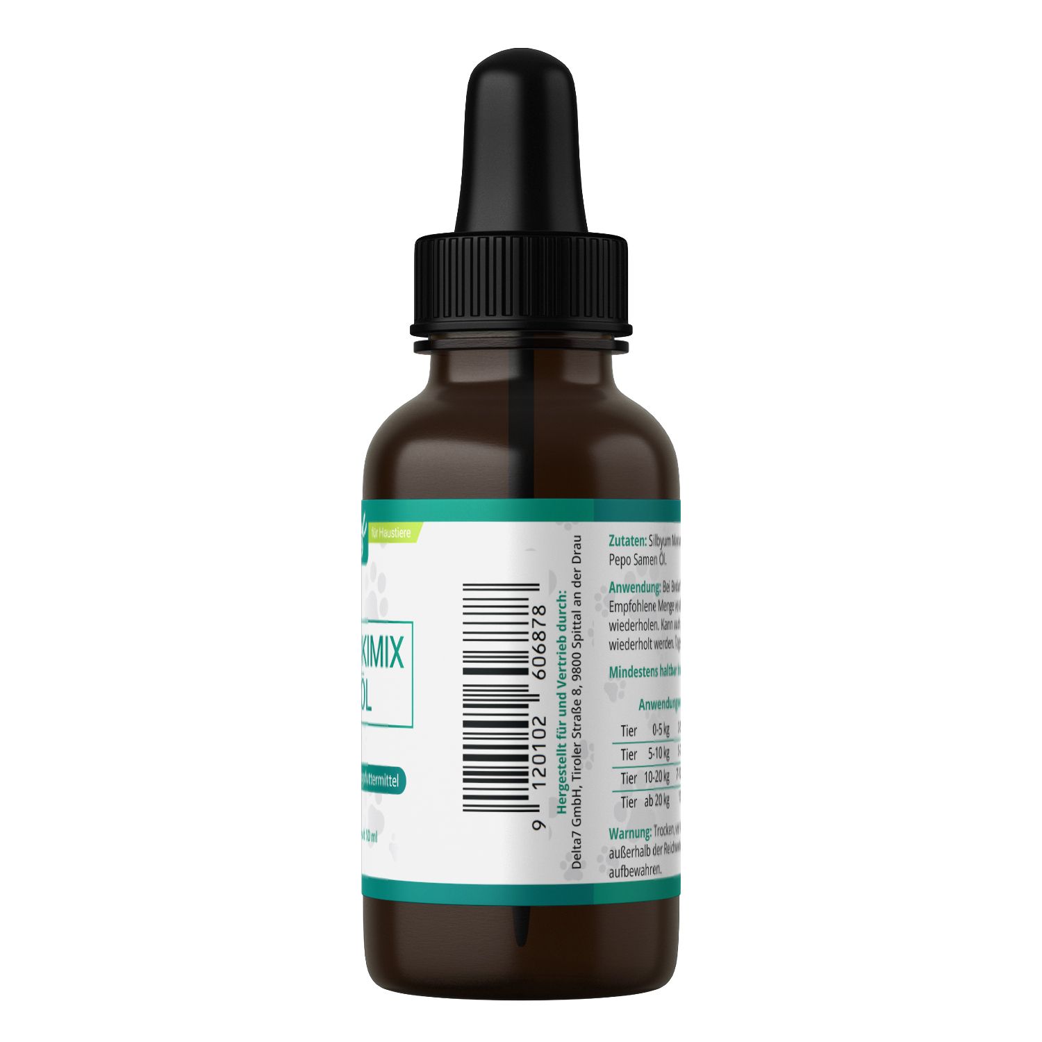 Braune Glasflasche mit schwarzem Tropfer. Etikett mit Produktnamen, Logo und Barcode. Rückansicht mit Text.