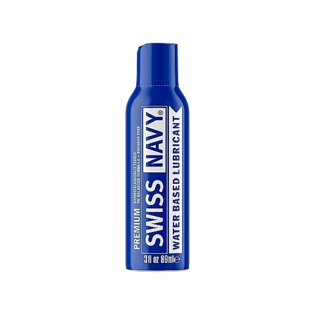 Blaue Flasche mit weißer Aufschrift: SWISS NAVY PREMIUM Water Based Lubricant. 3 fl oz 89ml.