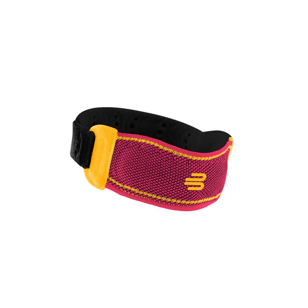 Roter Kniestrap mit gelbem Logo. Klettverschluss. Mesh-Material.
