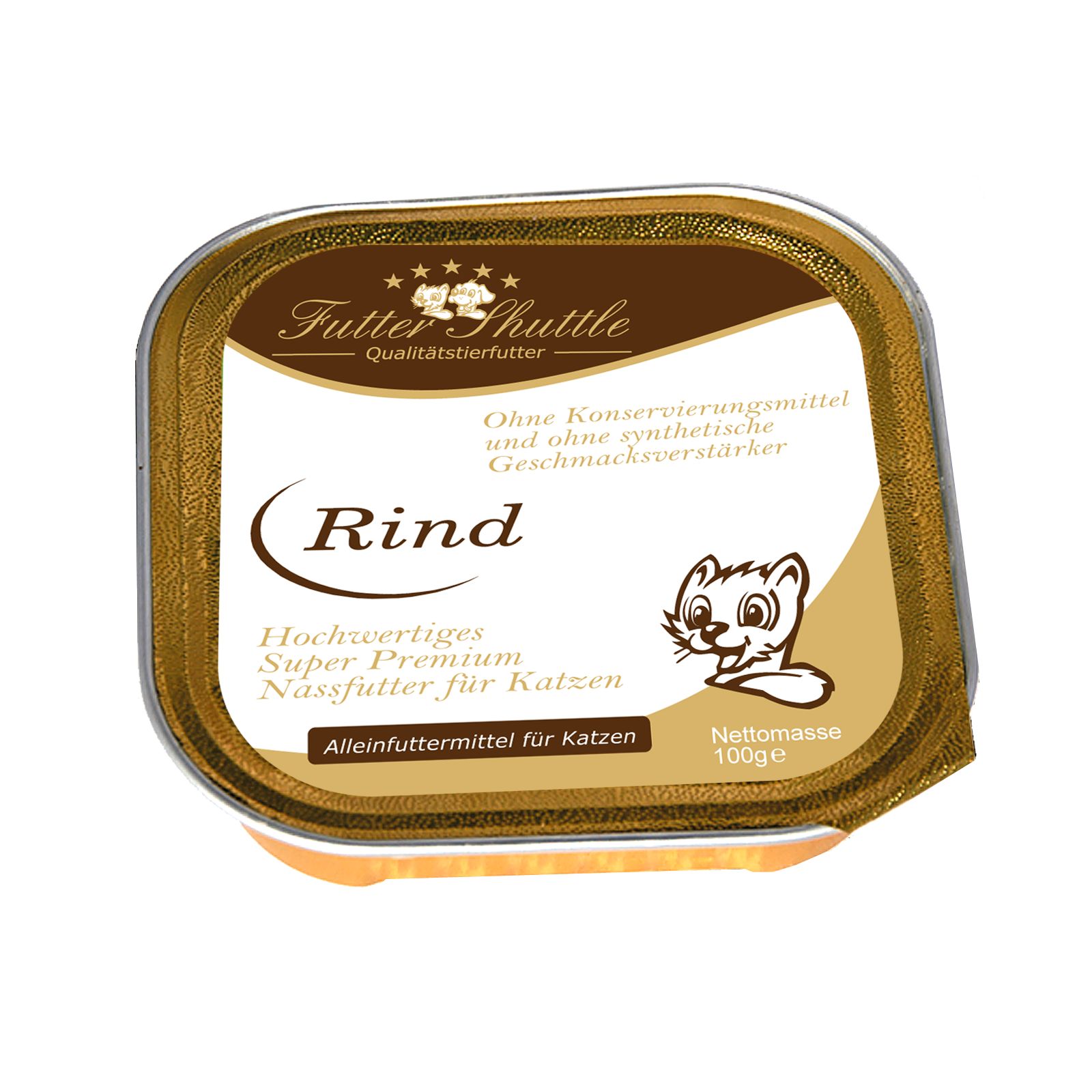 Katzenfutter-Schale mit Aufschrift "Rind". Braune Verpackung mit Logo und Text. Enthält keine Konservierungsstoffe.
