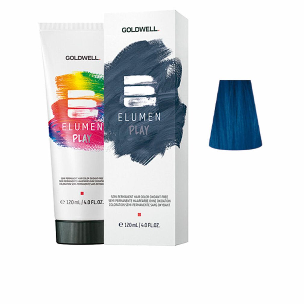 Goldwell Elumen Play Blue. Tube und Schachtel mit Produktnamen. Farbmuster in Blau. Text: Non-Permanent Hair Color. 120ml.