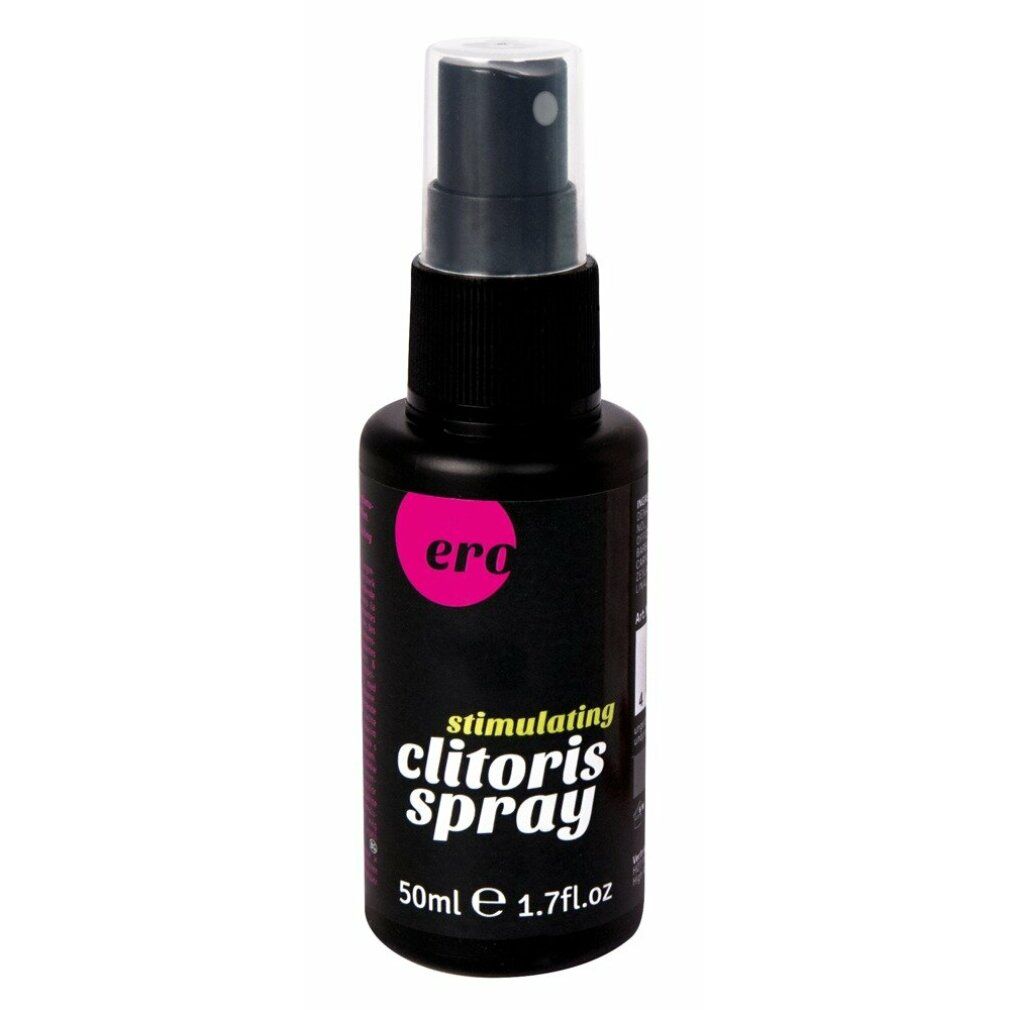 Schwarze Flasche mit Sprühkopf. Rosa Etikett mit Text. Enthält 50ml.