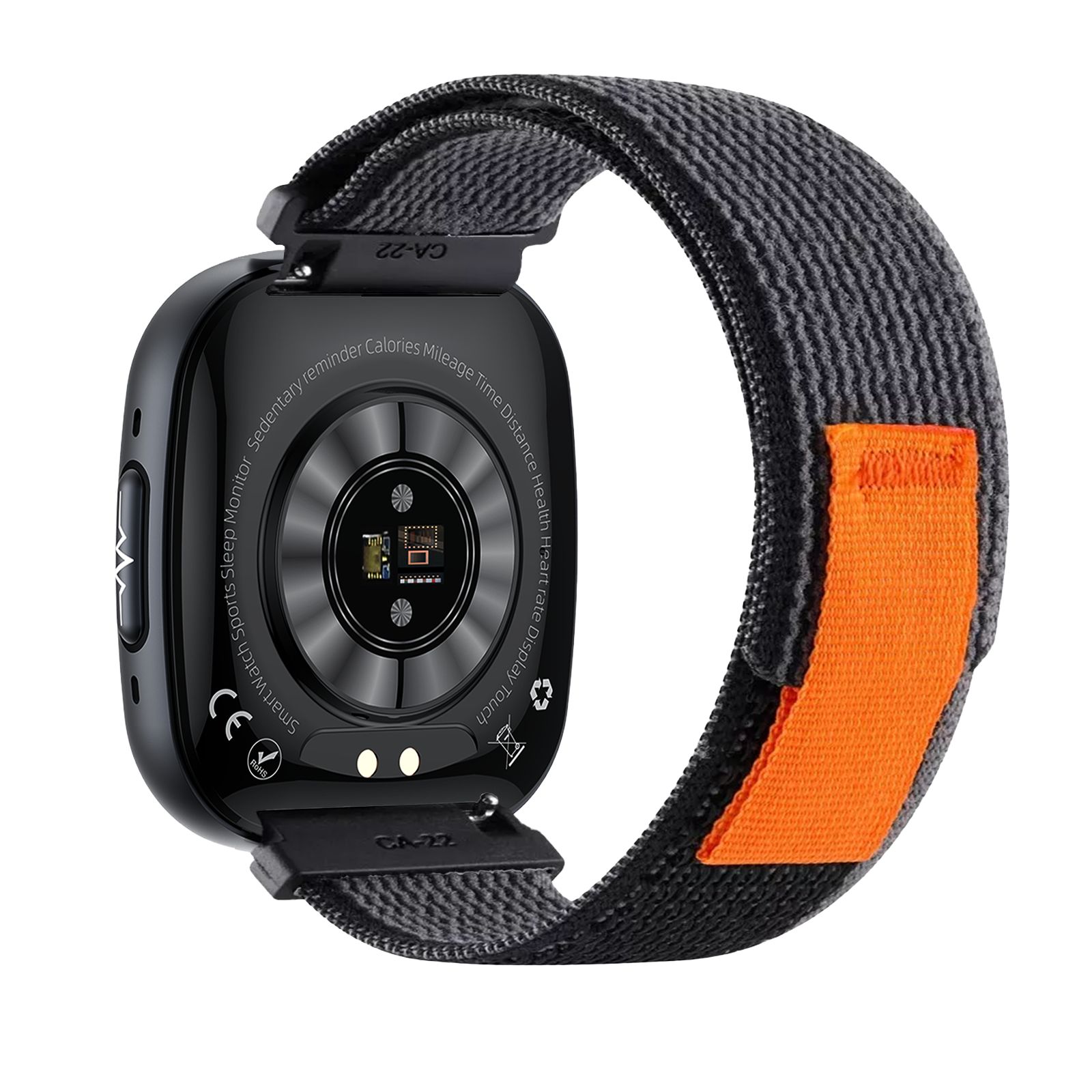 Schwarze Smartwatch mit Stoffarmband und orangefarbenem Klettverschluss. Rückseite mit Sensoren und CE-Zeichen.