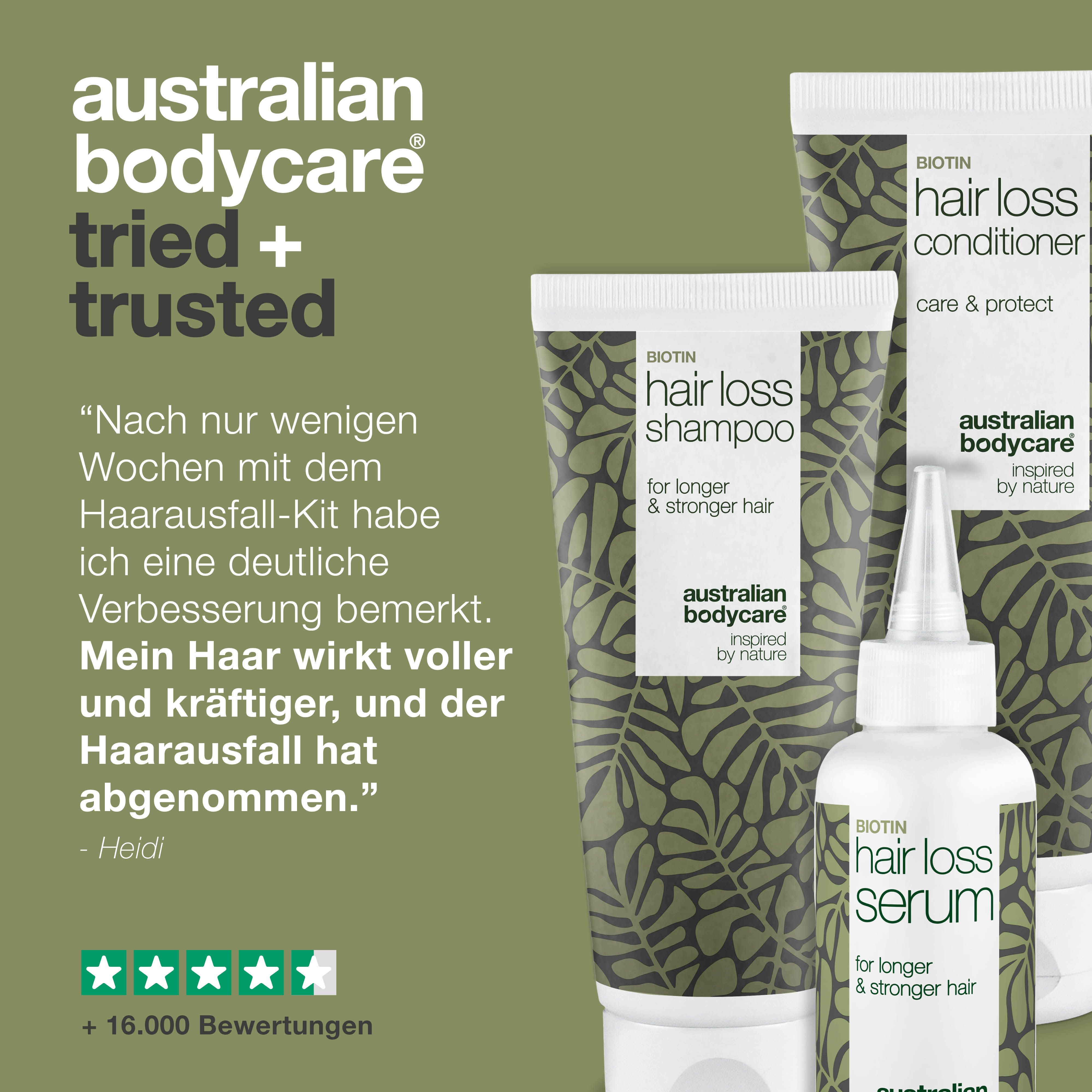 Drei Produkte: Shampoo, Conditioner und Serum. Logo von Australian Bodycare. Text und grüne Blätter.