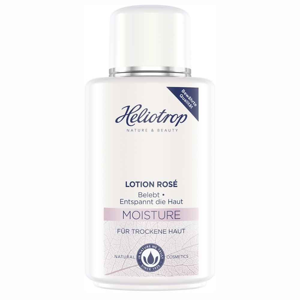 Heliotrop Lotion Rosé Flasche. Weißer Deckel, silberner Ring. Text: Lotion Rosé, Moisture, für trockene Haut. Logo: Natural Cosmetics.