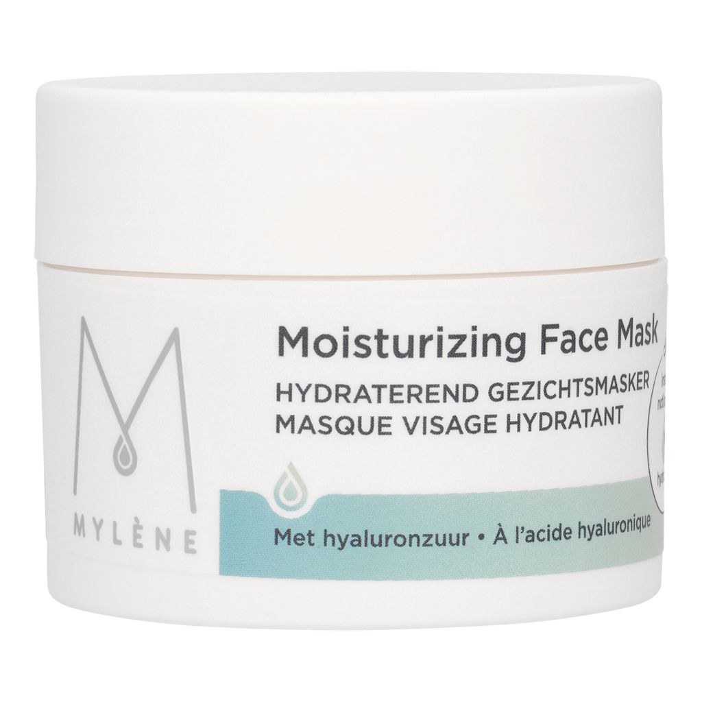Weiße Tiegel mit Aufschrift "MYLÈNE" und "Moisturizing Face Mask". Text in Niederländisch und Französisch. Mit Hyaluronsäure.