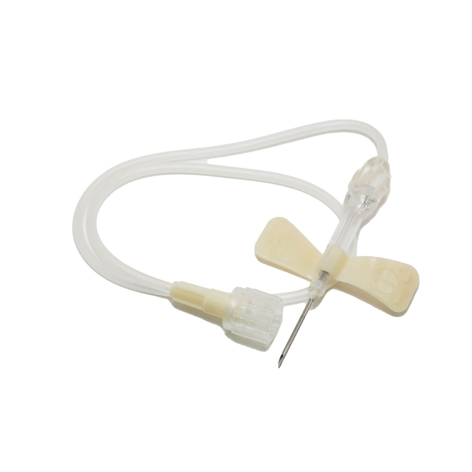 Medizinprodukt mit Flügeln und Schlauch. Beige Flügel, transparente Nadel und Schlauch. Luer-Lock-Anschluss.