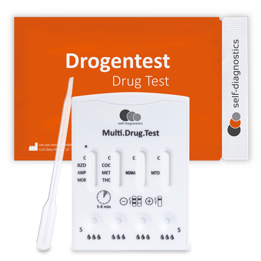 Drogentest-Kit. Enthält Teststreifen, Pipette und Verpackung. Aufschrift: Multi.Drug.Test.