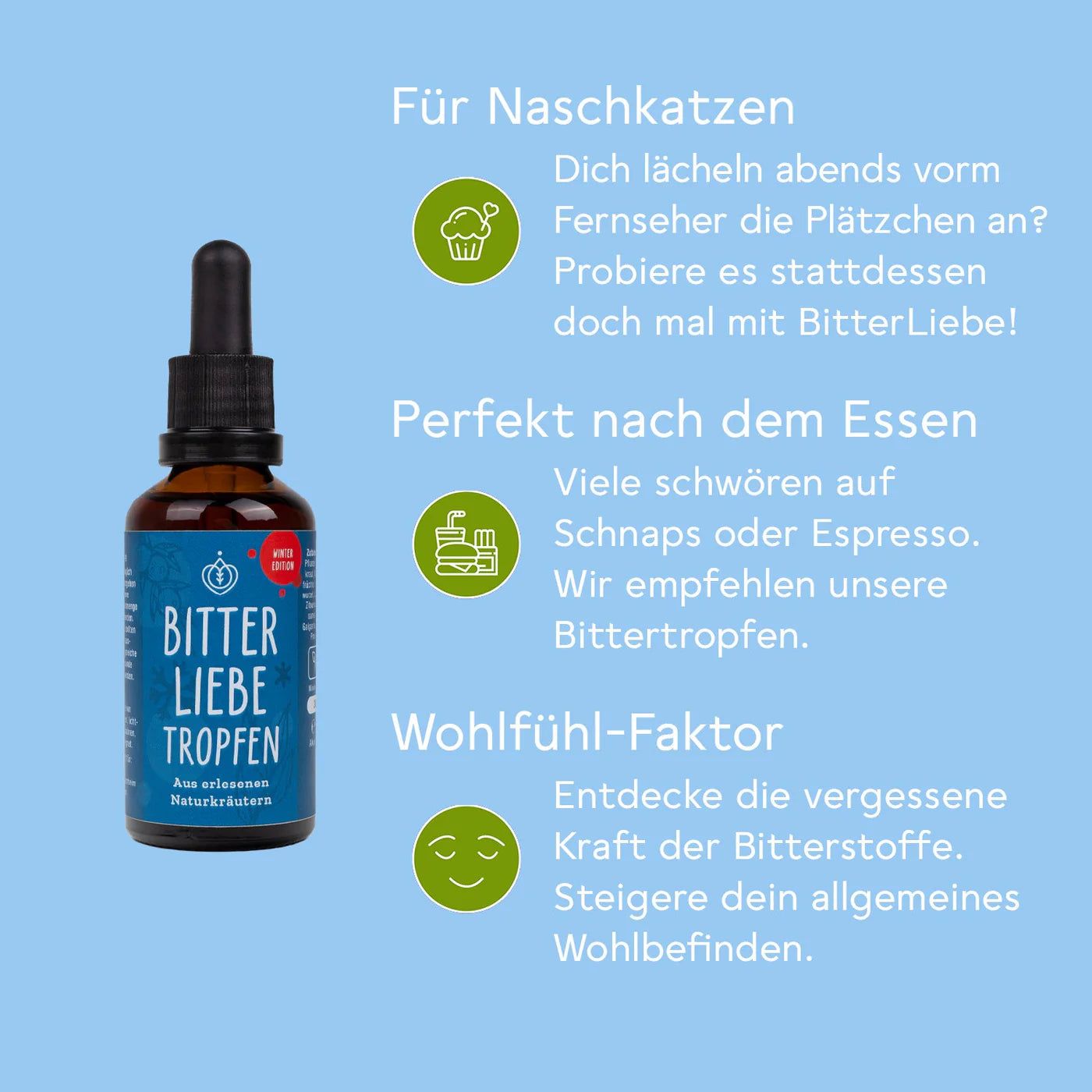 Text auf blauem Hintergrund. Flasche "BitterLiebe Tropfen". Textabschnitte: Für Naschkatzen, Perfekt nach dem Essen, Wohlfühl-Faktor.
