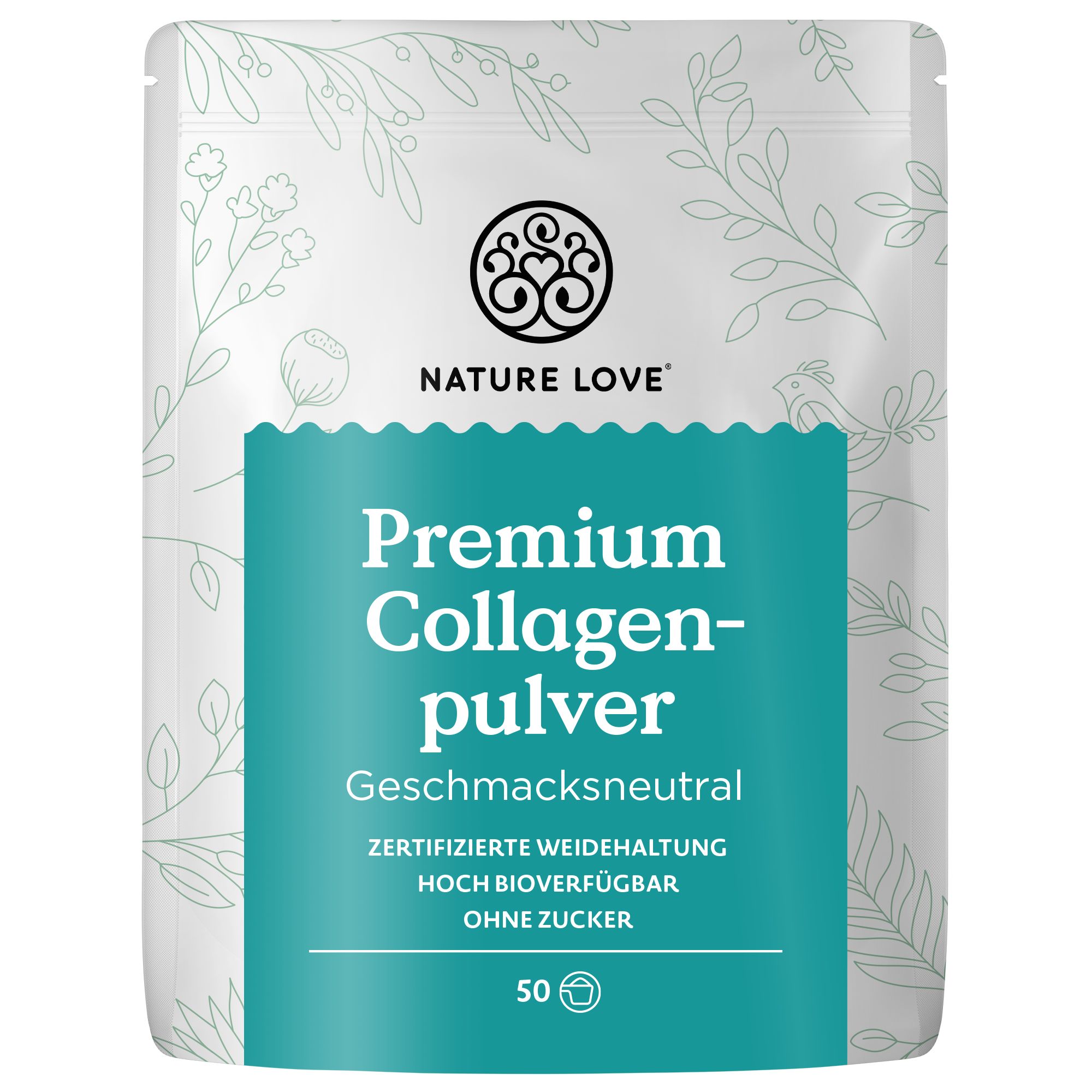 Beutel mit NATURE LOVE® Premium Collagenpulver. Aufschrift: Premium Collagenpulver Geschmacksneutral, zertifizierte Weidehaltung, hoch bioverfügbar, ohne Zucker.