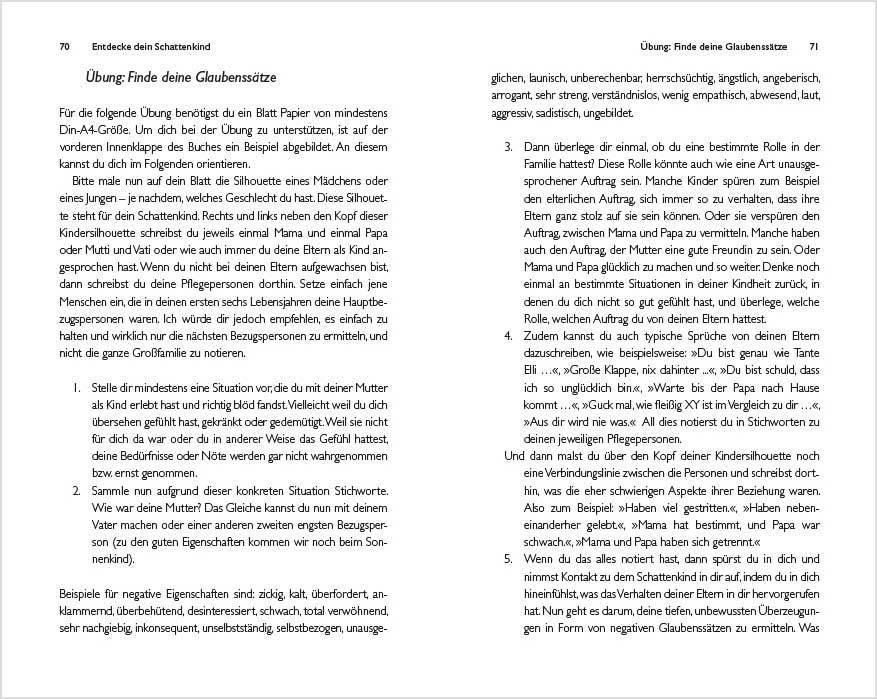 Buchseite mit Text. Titel: "Übung: Finde deine Glaubenssätze". Text in schwarzer Schrift auf weißem Hintergrund. Illustrationen fehlen.