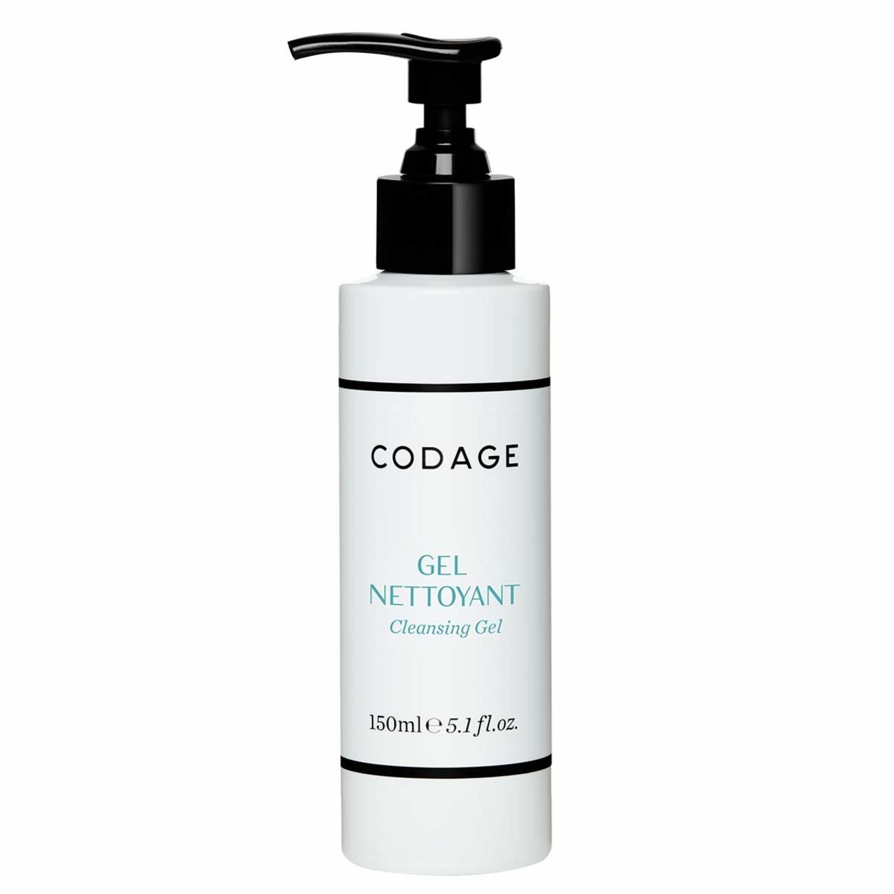 Weiße Flasche mit schwarzem Pumpkopf. Aufschrift: CODAGE, Gel Nettoyant, Cleansing Gel. Schwarze Linien oben und unten.