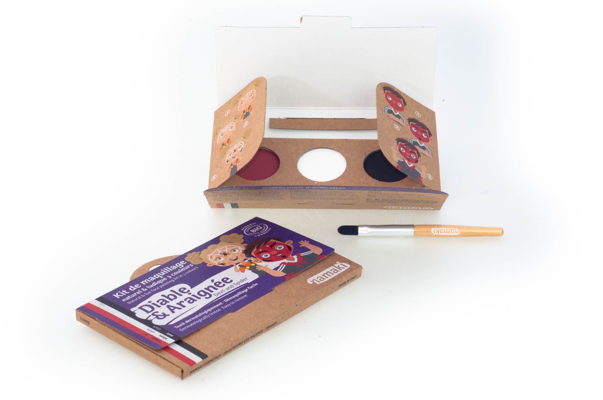 Namaki Bio Schminkset Teufel & Spinne. Geöffnete Kartonverpackung mit 3 Farbtiegeln und Pinsel. Aufschrift "Diable & Araignée".