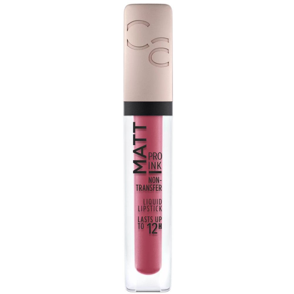 Flüssiger Lippenstift in transparenter Flasche. Rosa Lippenstift sichtbar. Text: MATT PRO INK NON-TRANSFER LIQUID LIPSTICK LASTS UP TO 12H.