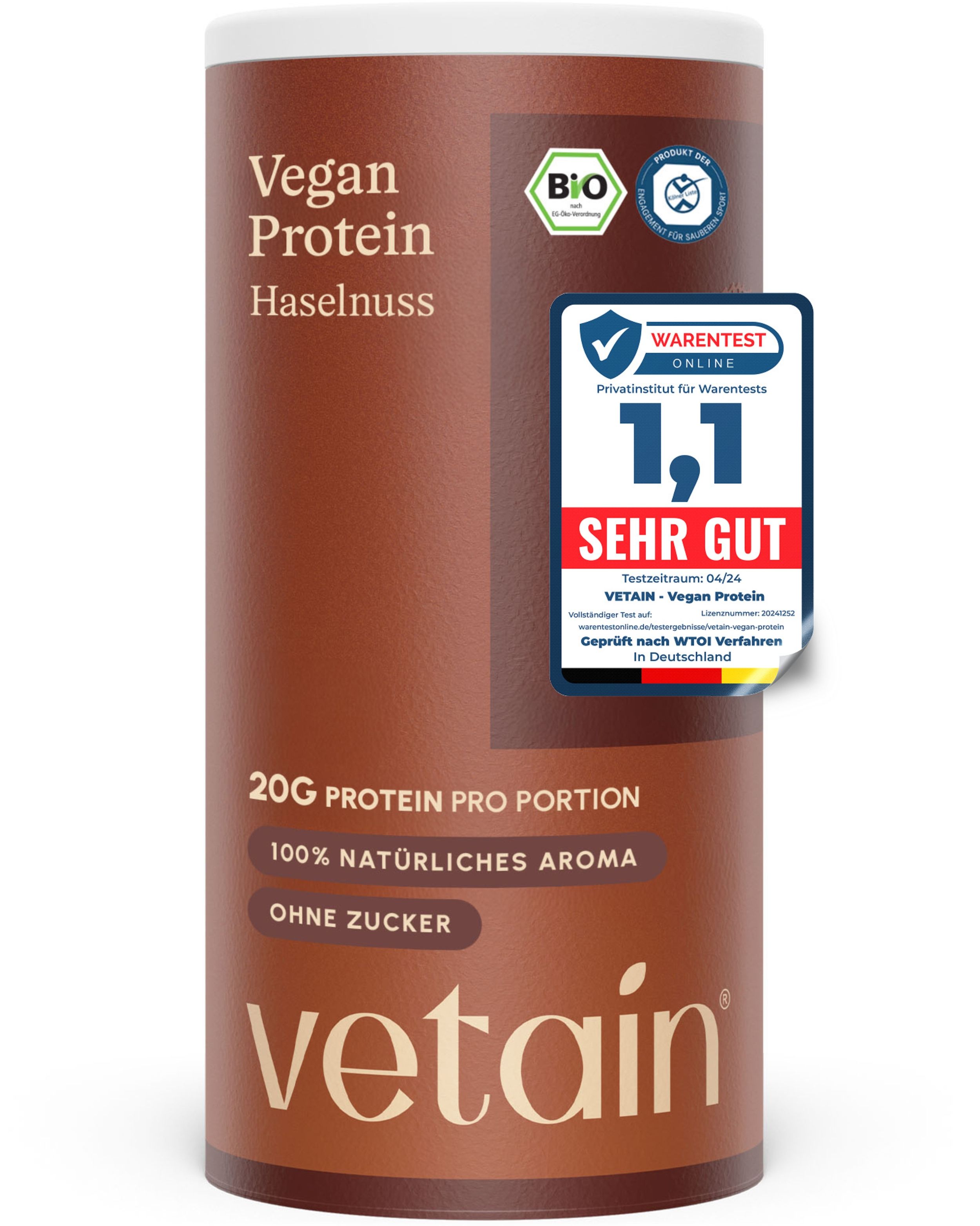 Braune Dose VETAIN Vegan Protein Haselnuss mit Siegeln: Bio, Warentest Sehr Gut 1,1.