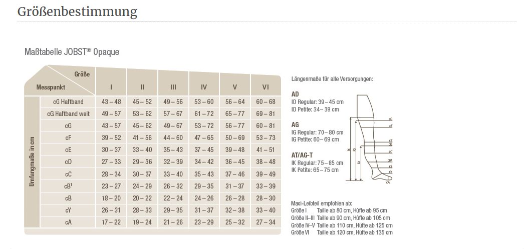 Größentabelle für JOBST Opaque Kompressionsstrümpfe. Tabellarische Darstellung mit Maßen und Größen.
