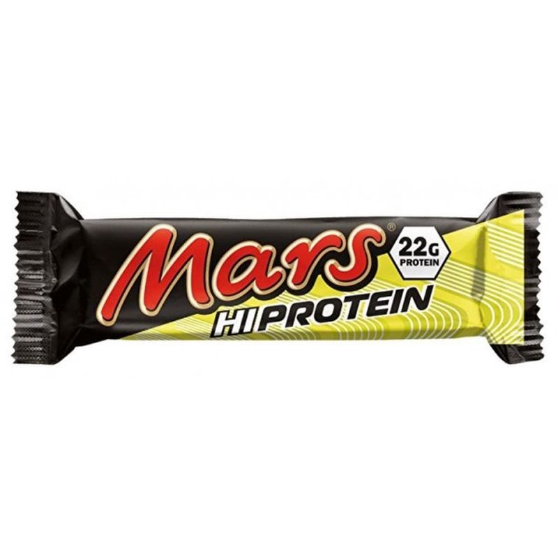 Mars Hi-Protein Bar. Schwarze Verpackung mit rotem Logo und gelben Akzenten. 22g Protein.