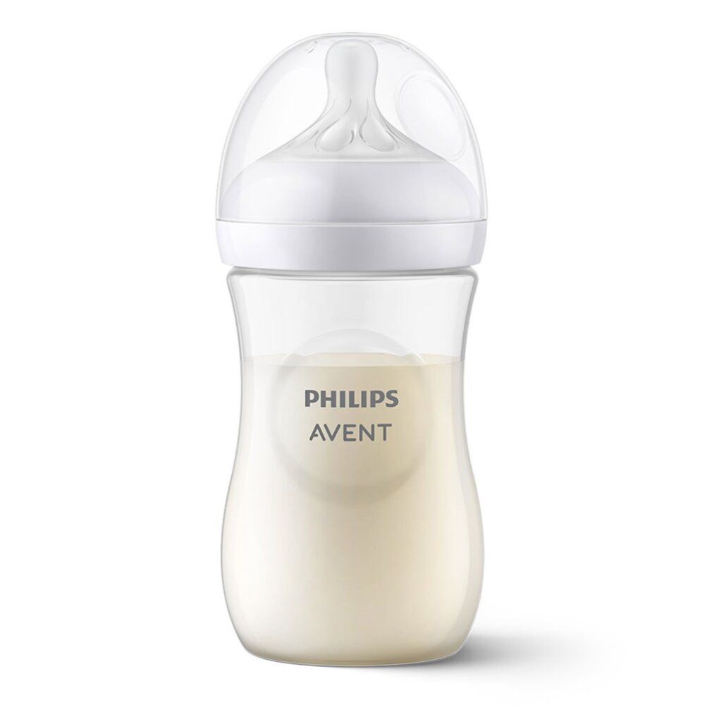 Transparente Babyflasche mit weißem Sauger und Verschluss. Die Flasche ist mit Flüssigkeit gefüllt. Auf der Flasche steht "PHILIPS AVENT".