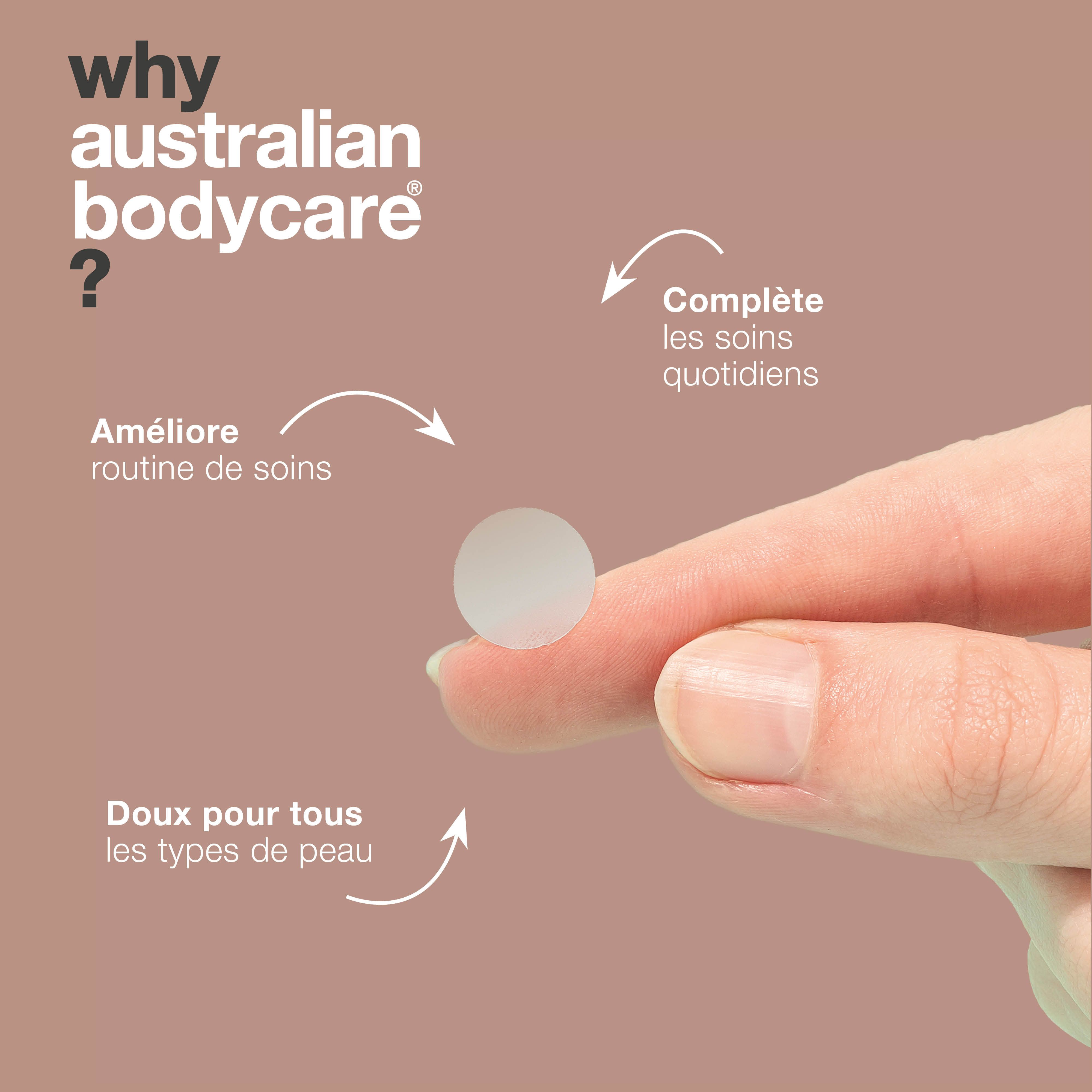 Un patch anti-boutons sur un doigt. Texte : Pourquoi Australian Bodycare ? Améliore la routine de soins.