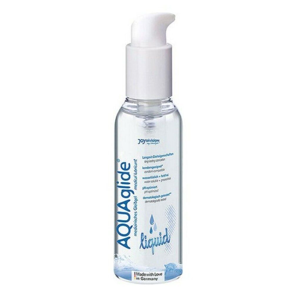 Transparente Flasche mit weißem Pumpkopf. Aufschrift AQUAglide liquid. Medizinische Gleitgel. pH-optimiert. Wasserlöslich.