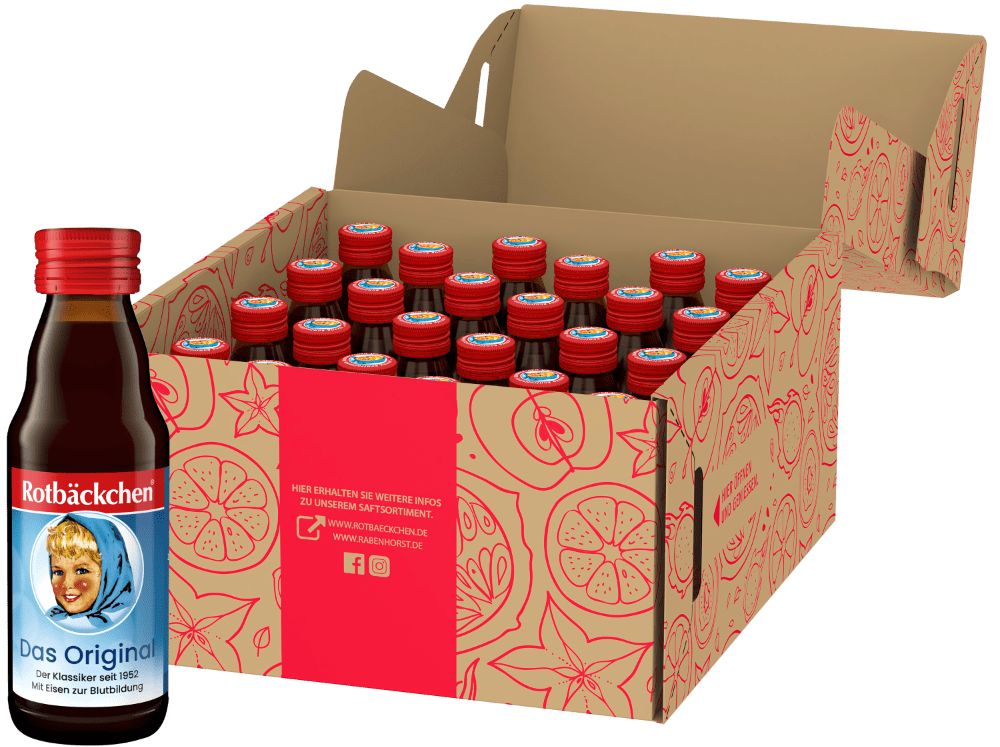 Geöffnete Kartonbox mit Flaschen, eine Flasche davor. Aufschrift: Rotbäckchen Das Original.