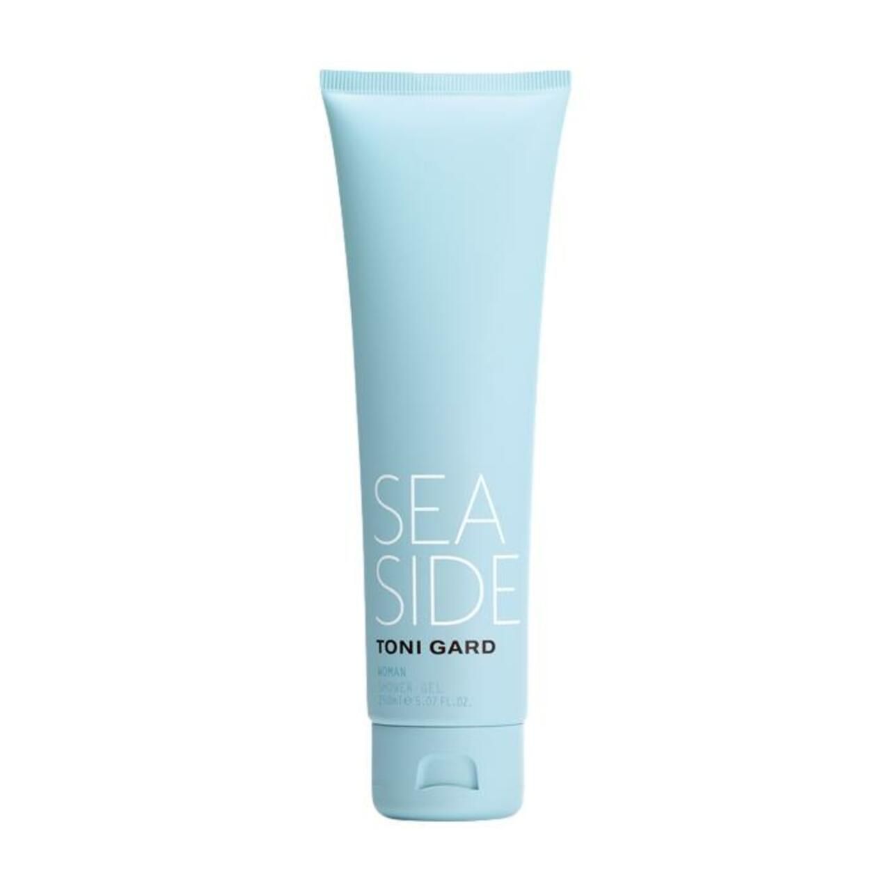 Hellblaues Duschgel in einer Tube. Aufschrift: SEA SIDE, TONI GARD. Unterhalb: WOMAN, SHOWER GEL.