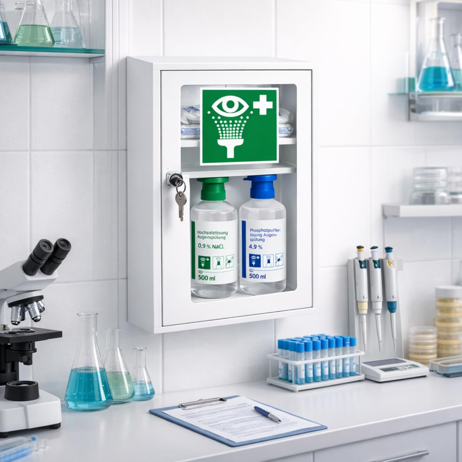 FAP First Aid Products Augenspülschrank - inkl. DIN 13157 + 2 x Augenduschen 500 ml NaCl & Phosphat
