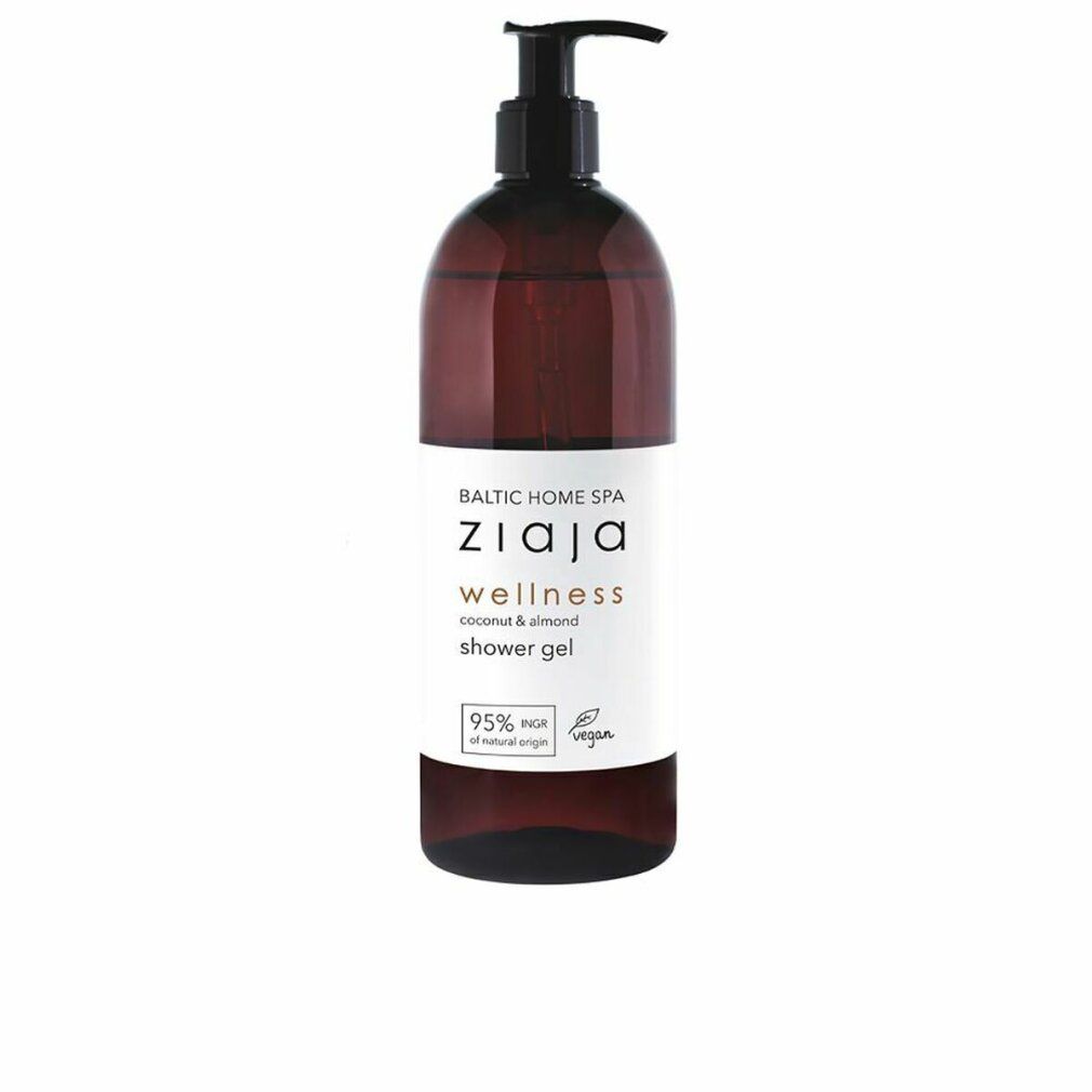 Braune Flasche mit schwarzem Pumpverschluss. Weißes Etikett mit Text: ZIAJA, wellness, coconut & almond shower gel. Vegan-Siegel.