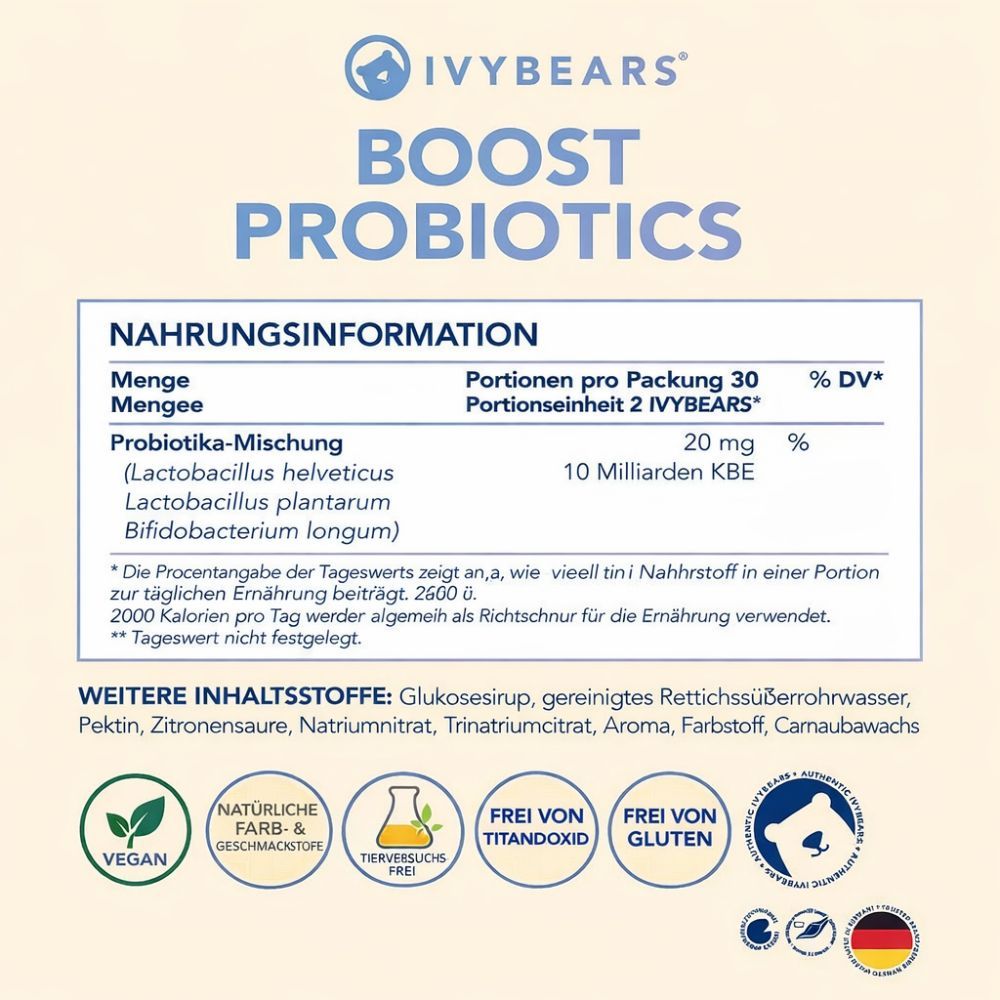 Nährwertinformationen. Text: Probiotika-Mischung, Inhaltsstoffe, Portionen pro Packung. Logos: vegan, natürliche Farben, ohne Titandioxid, ohne Gluten.