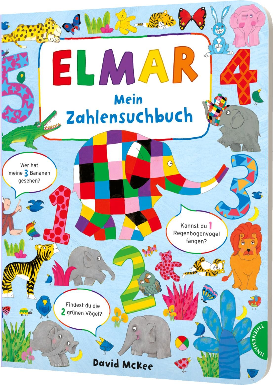 Buch "Elmar: Mein Zahlensuchbuch". Buntes Cover mit Zahlen, Elefant, Tieren. Thienemann Verlag.
