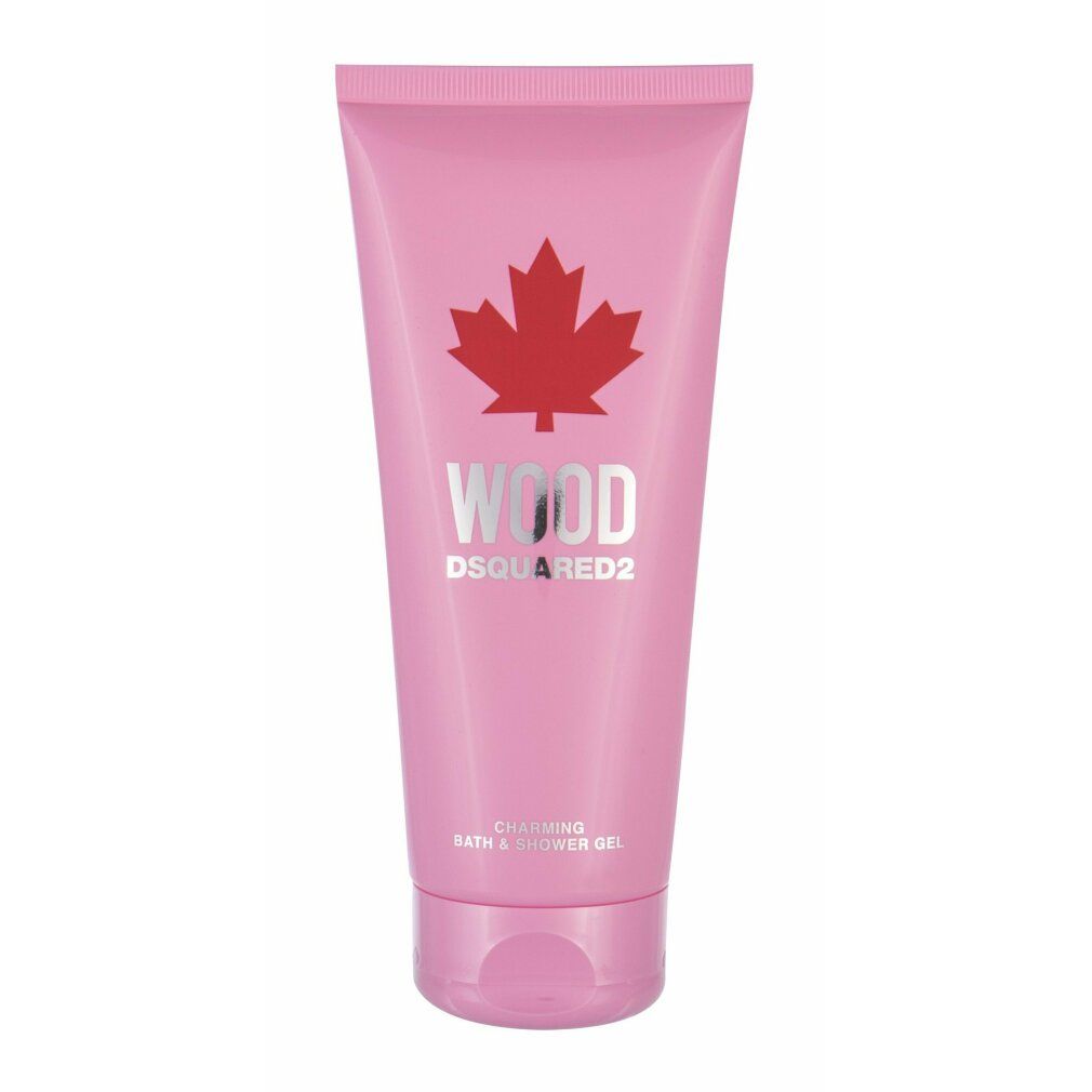 Dsquared2 Wood Pour Femme Duschgel in Rosa mit rotem Ahornblatt-Logo.