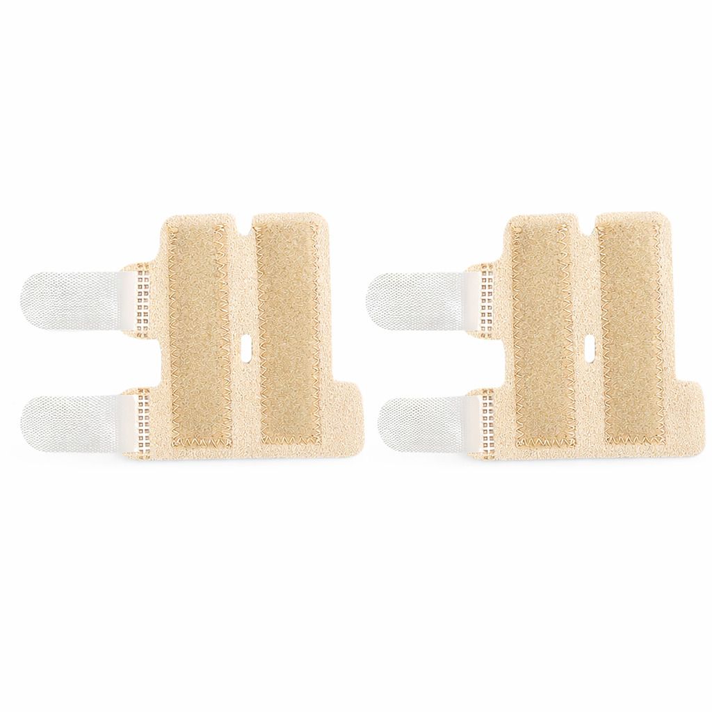 Zwei beige Fingerschiene mit weißen Klettverschlüssen. Lochdesign. Produktansicht von oben.