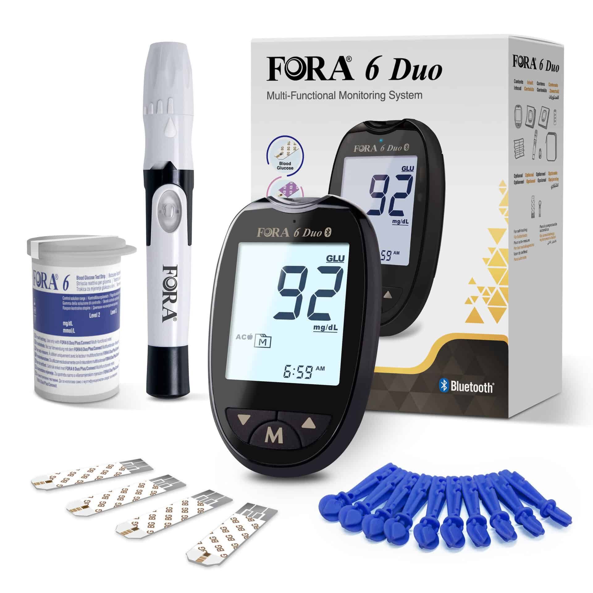 FORA 6 Duo Messgerät-Set mit Stechhilfe, Teststreifen, Lanzetten und Verpackung.