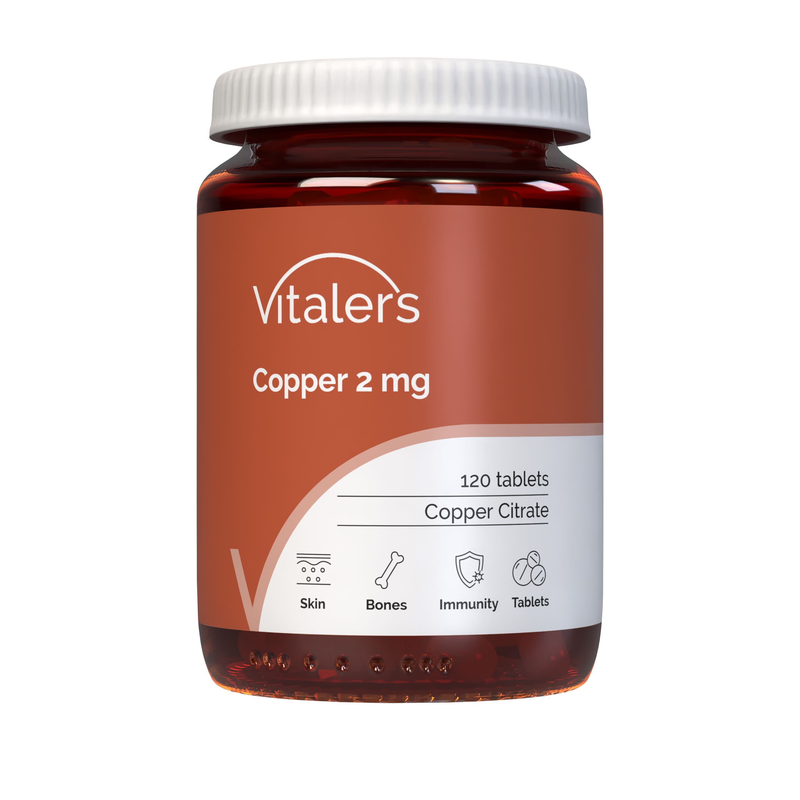 Vitaler's Kupfer 2 mg Nahrungsergänzungsmittel in Braunglasflasche mit weißem Deckel, Vorderansicht.