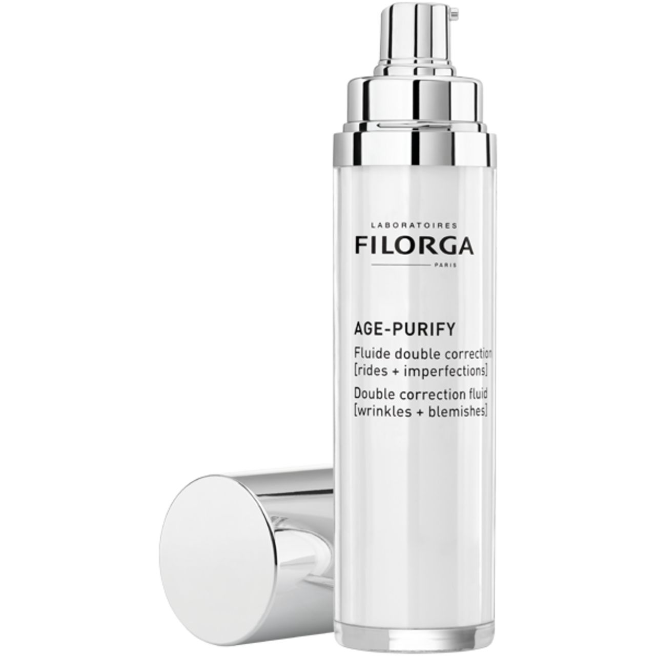 Filorga Age-Purify Fluid. Weiße Flasche mit silbernem Verschluss. Text: Age-Purify, Flasche geöffnet.