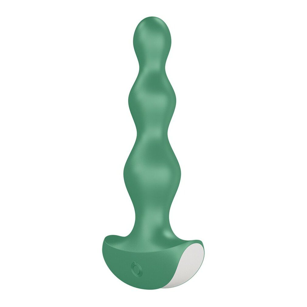 Grüner Analvibrator mit wellenförmigem Schaft und T-förmigem Kopf. Weiße Akzente am Kopf. Zwei Knöpfe.