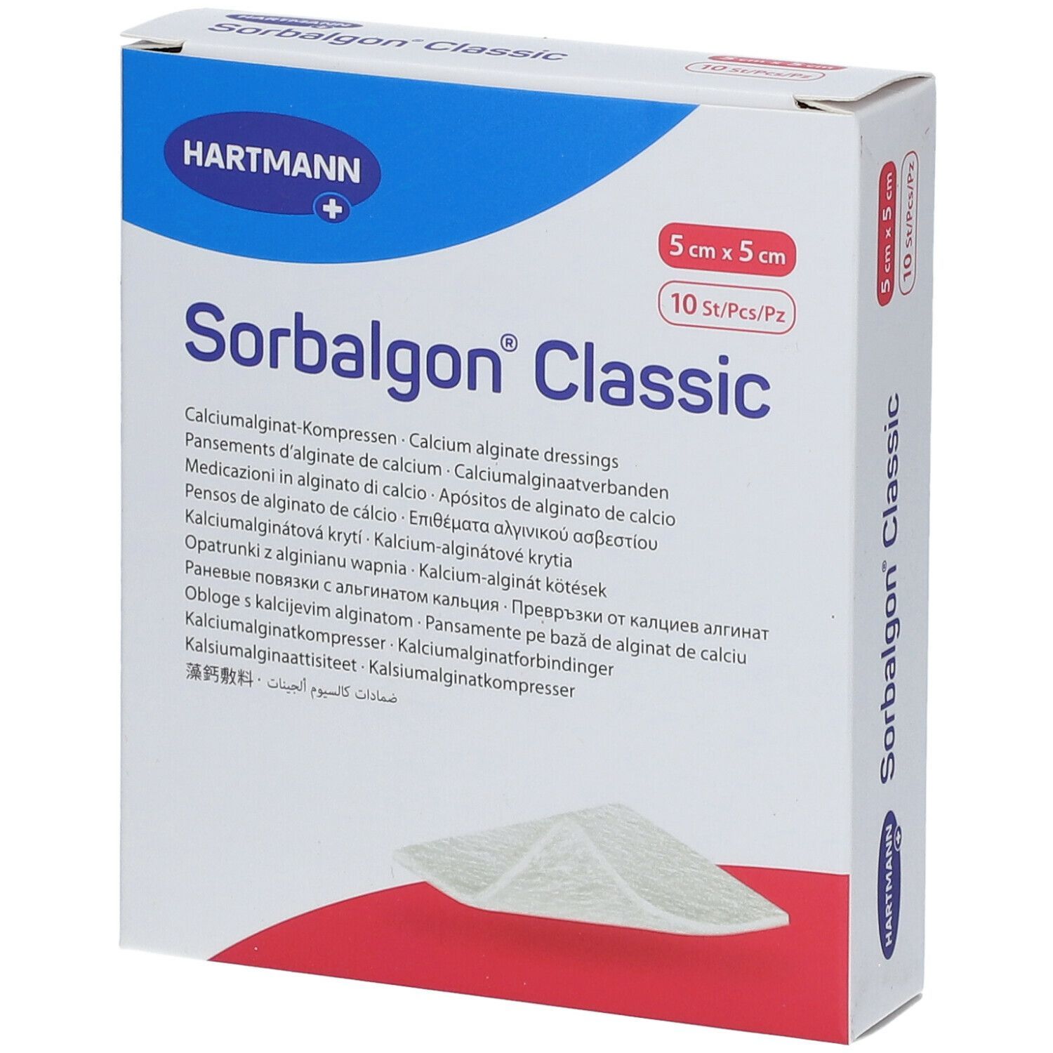Verpackung von Sorbalgon® Classic. Größe 5x5 cm, 10 Stück. Marke Hartmann. Text in mehreren Sprachen.