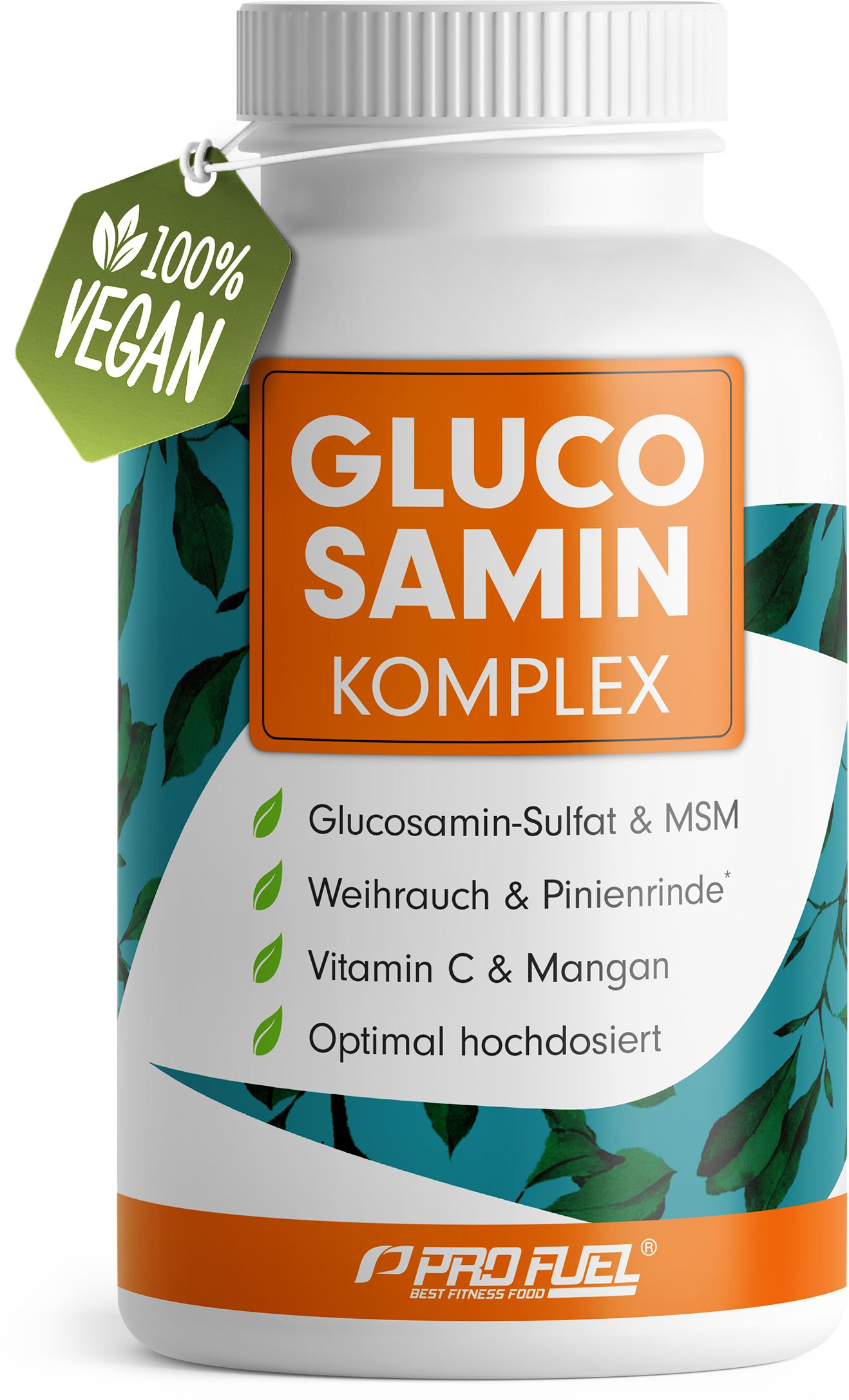 Weiße Flasche mit orangefarbenem Etikett. Aufschrift: Glucosamin Komplex. Vegan-Siegel. Blätter-Dekor.