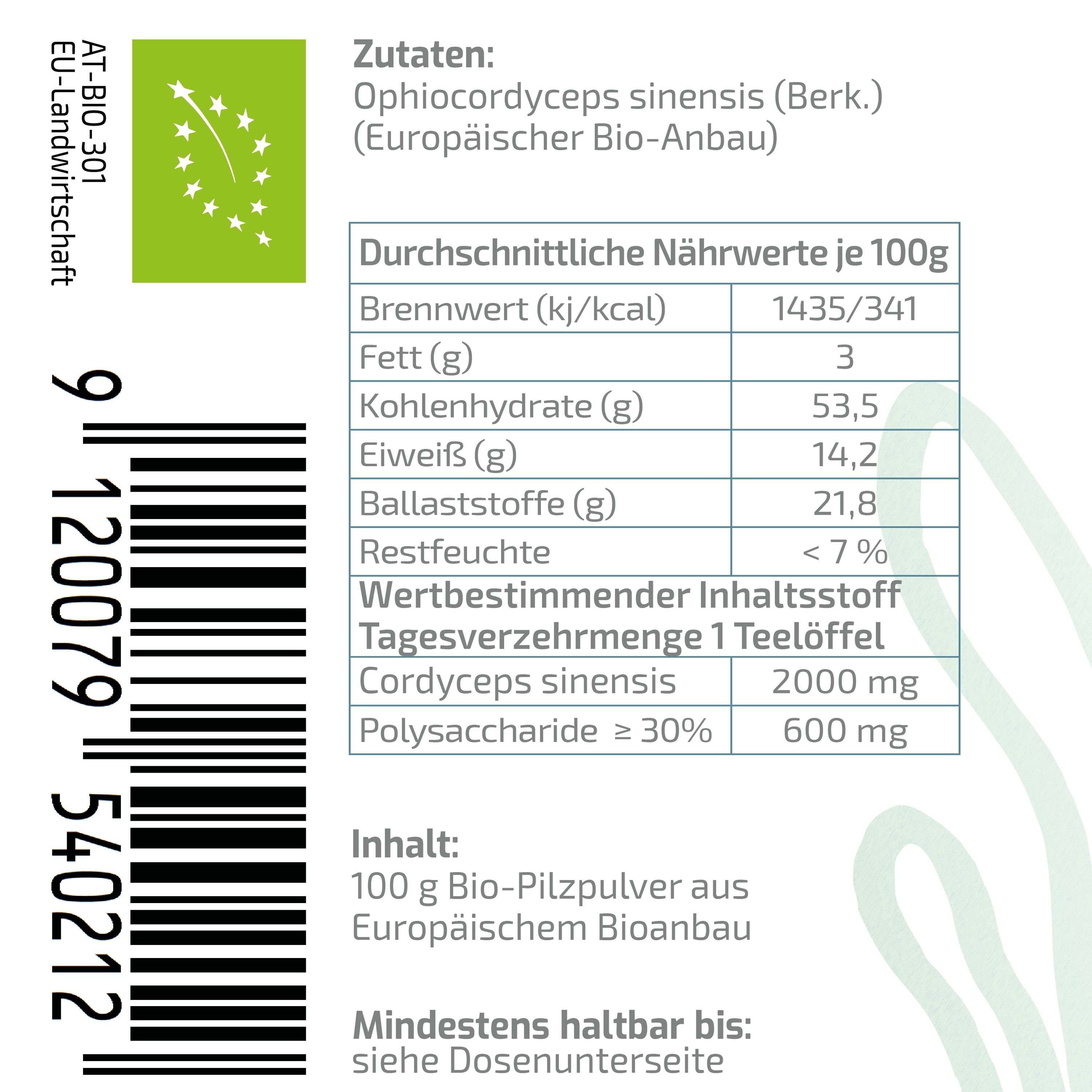 BEAUVITAL® Pure Bio Cordyceps Pulver mit 10% Cordyceps sinensis Extrakt